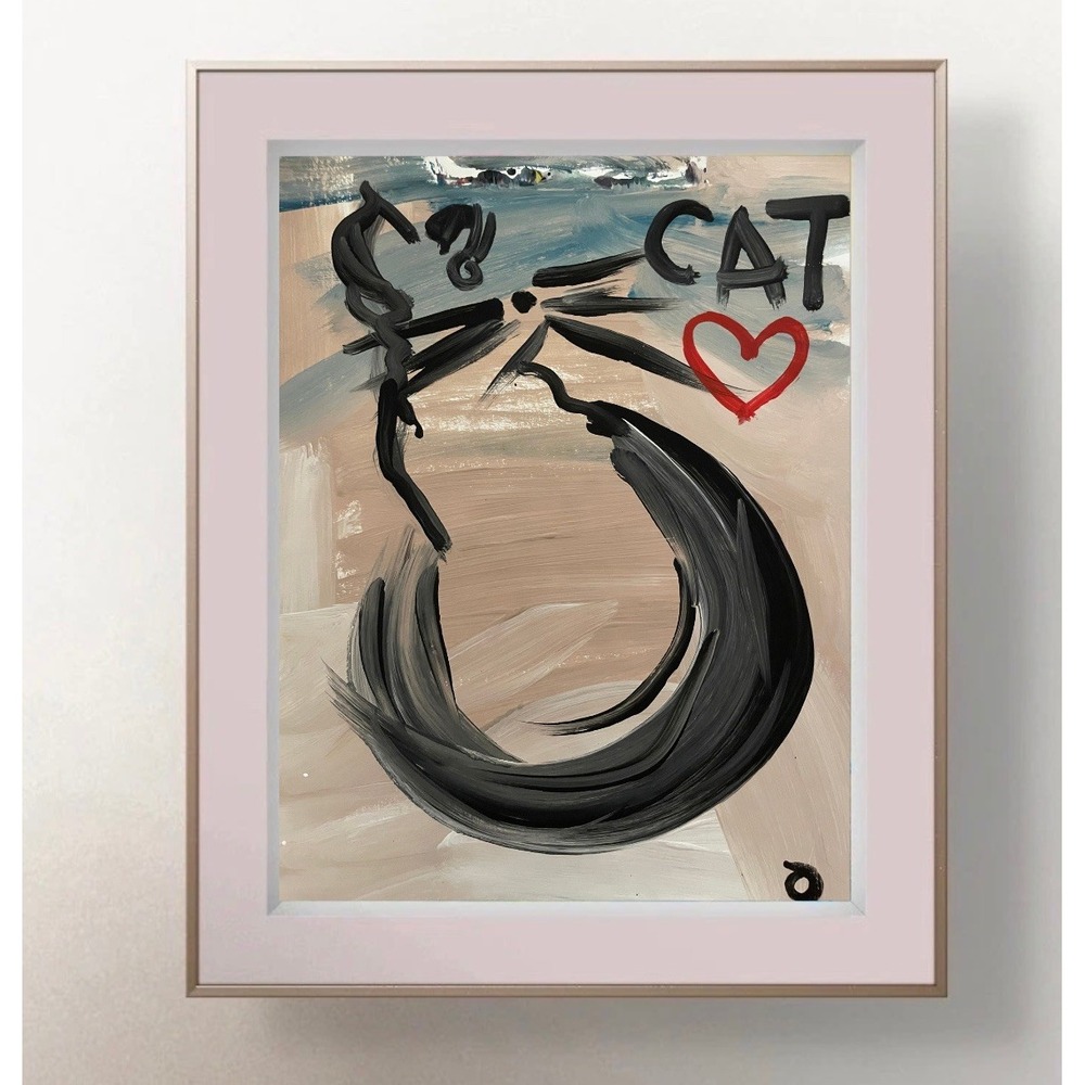 OMAN Original Painting Abstract Cat Pop Folk Art Heart Paper 8.5x11 Signed